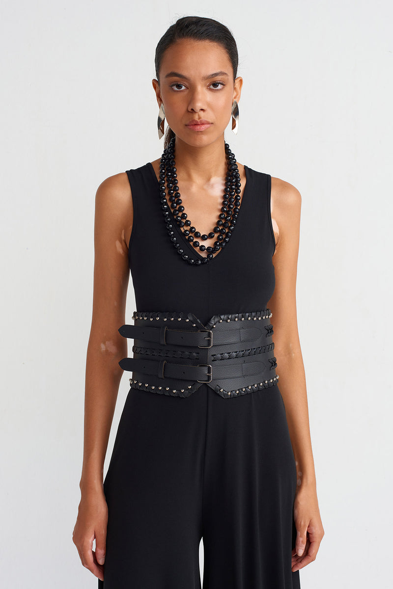 NU Thick Double Buckle Leather Chic Belt Black