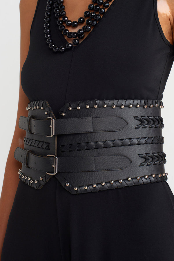 NU Thick Double Buckle Leather Chic Belt Black
