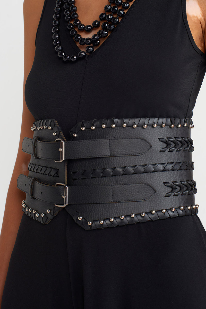 NU Thick Double Buckle Leather Chic Belt Black