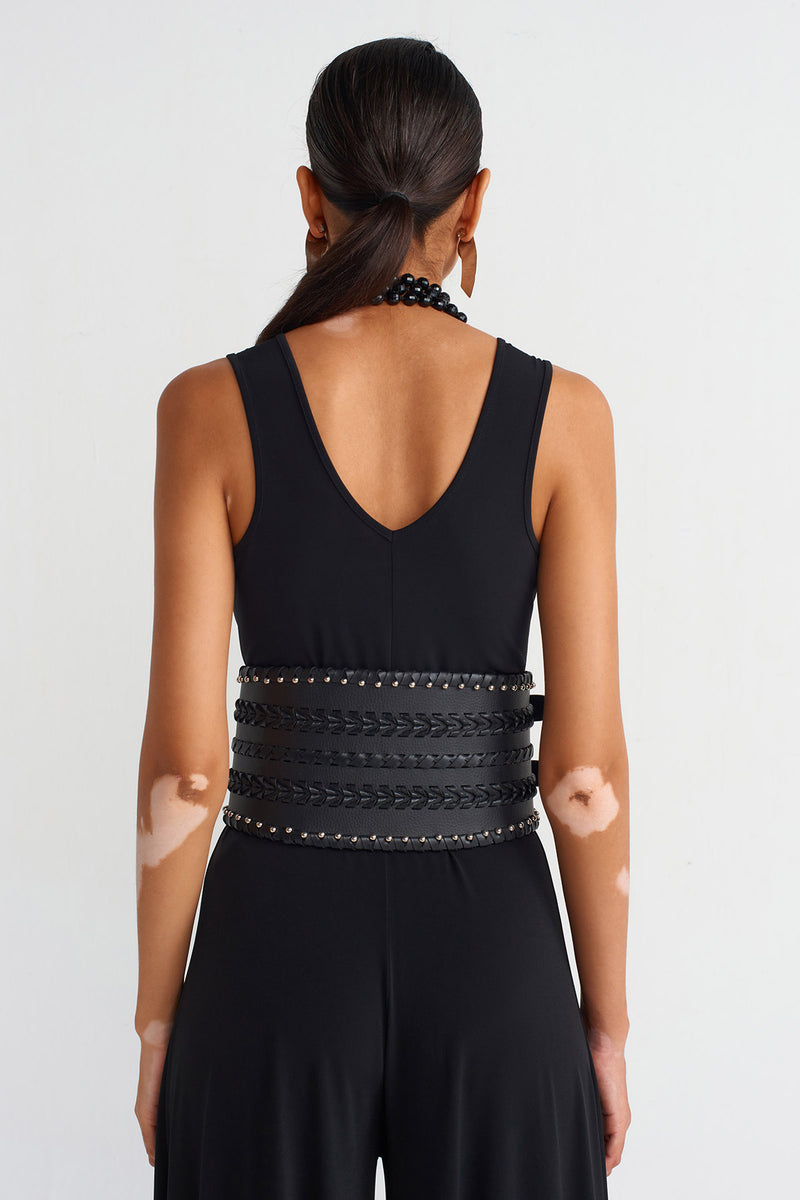 NU Thick Double Buckle Leather Chic Belt Black