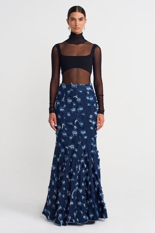 NU Distressed Mermaid-Cut Denim Skirt  Indigo