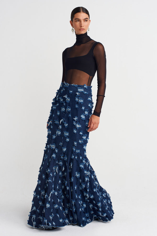 NU Distressed Mermaid-Cut Denim Skirt  Indigo