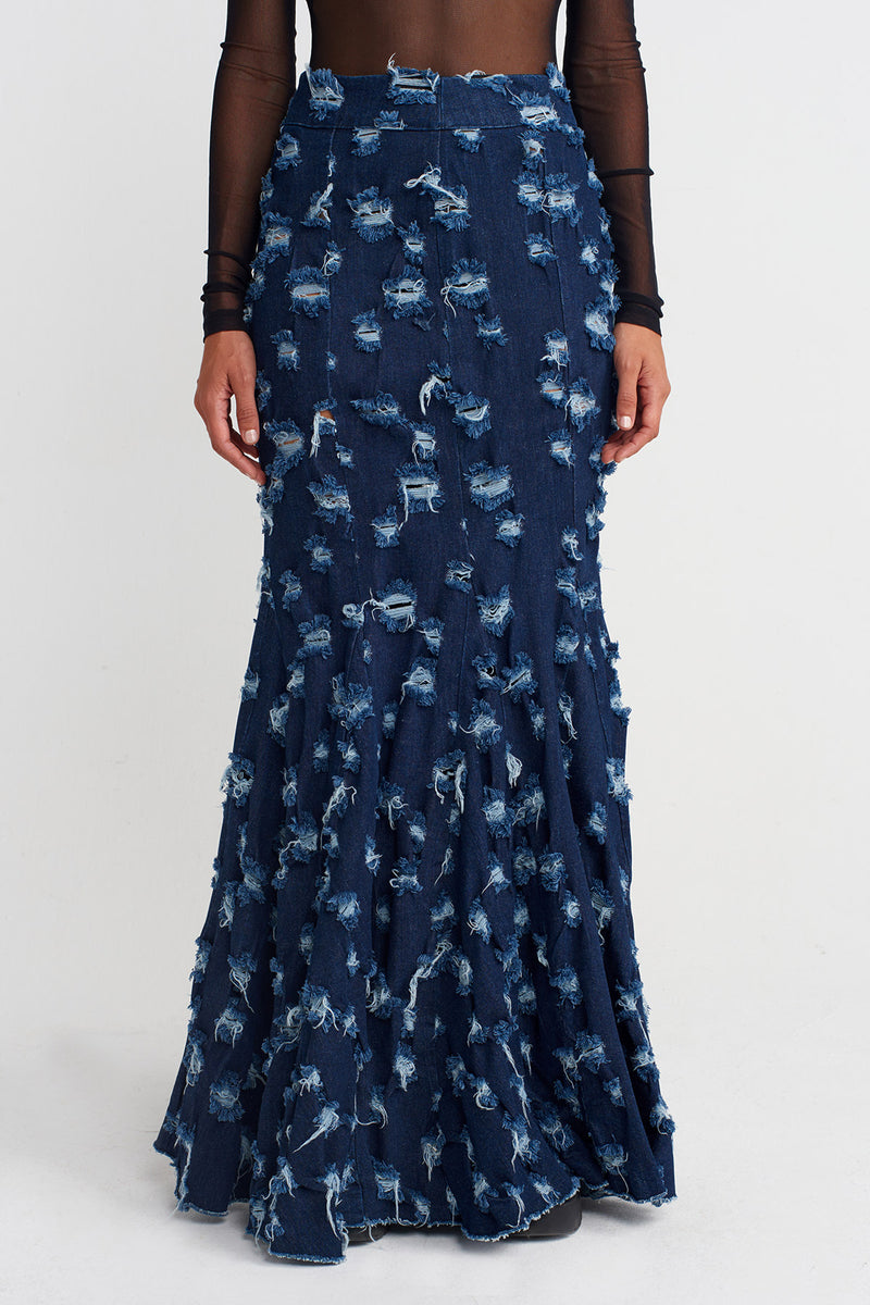 NU Distressed Mermaid-Cut Denim Skirt  Indigo