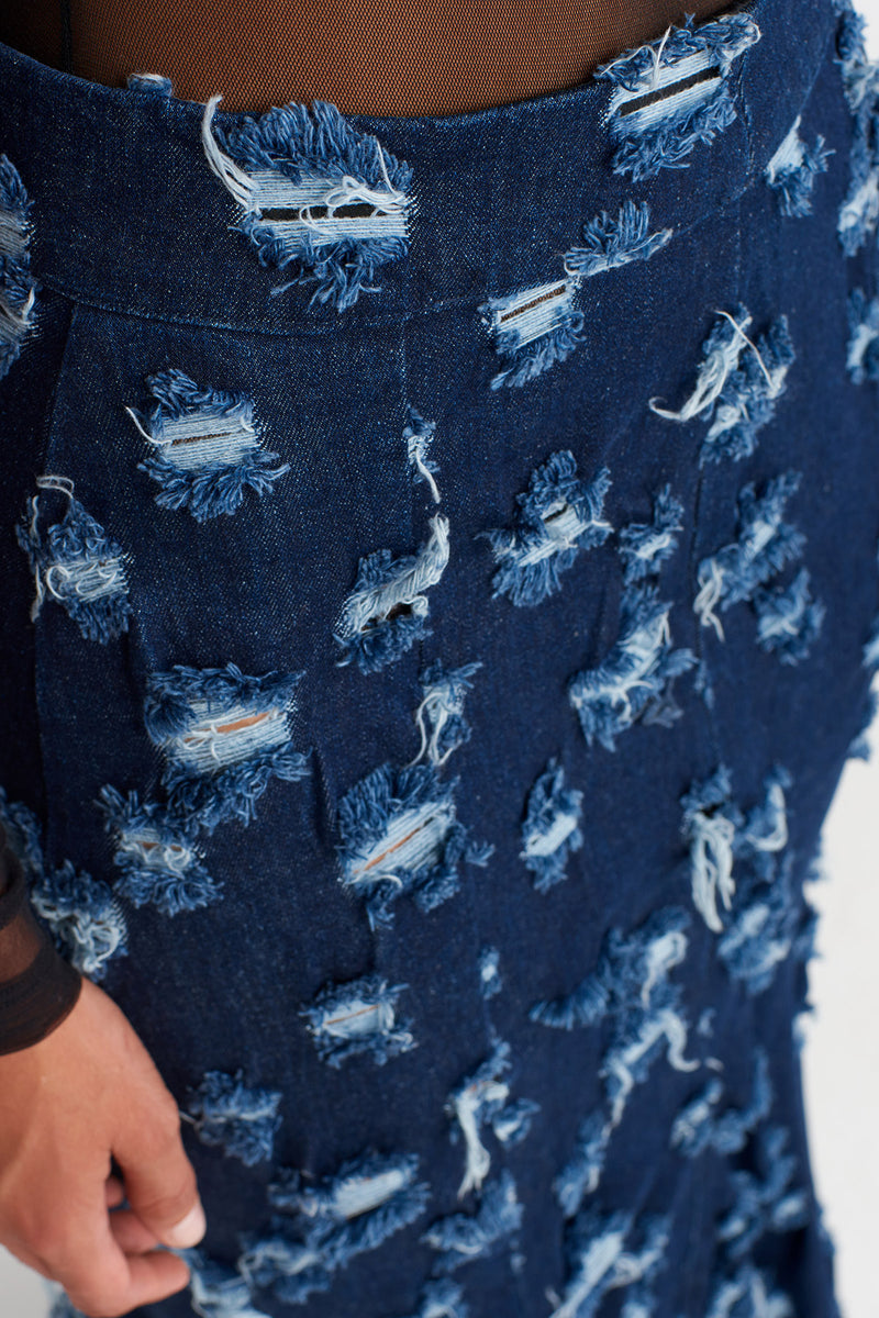 NU Distressed Mermaid-Cut Denim Skirt  Indigo
