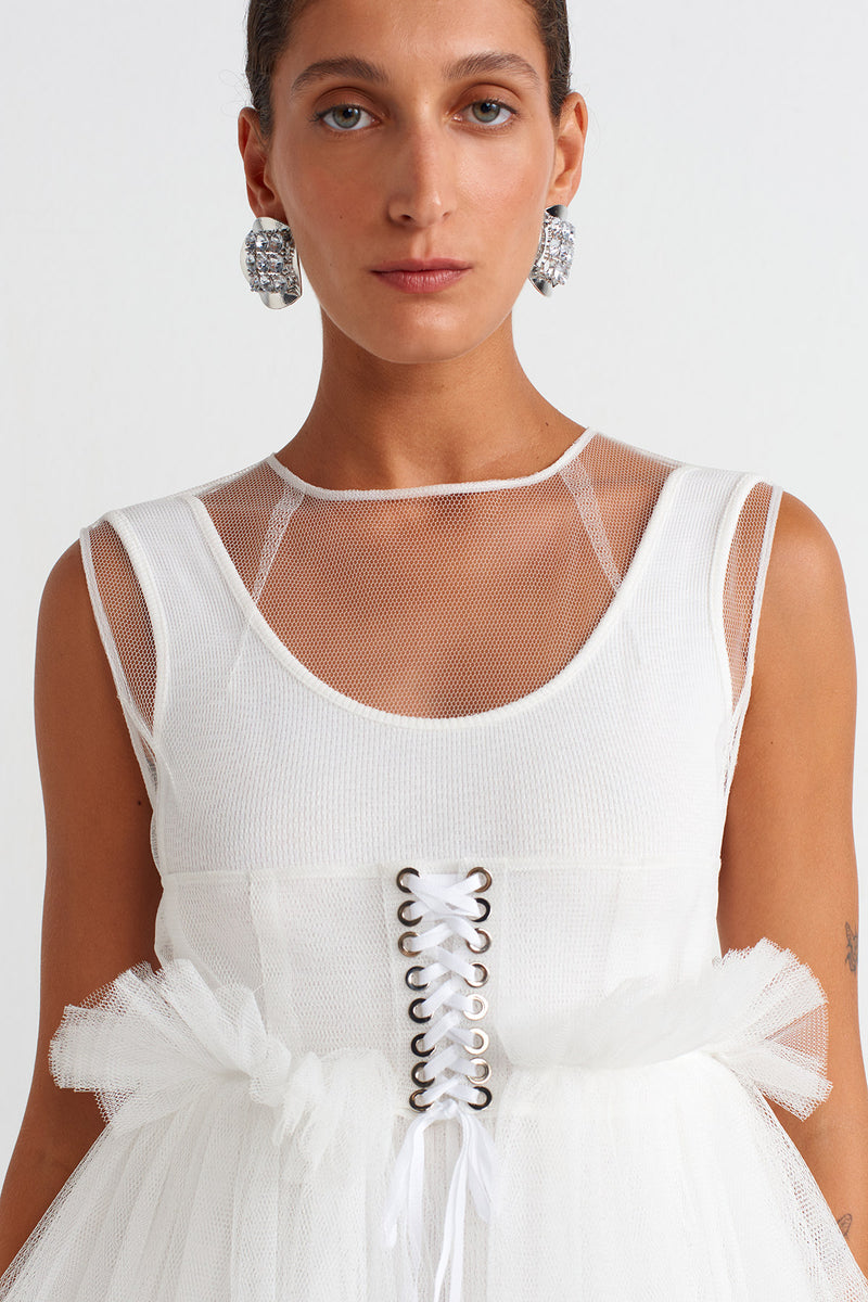 NU Corset Detail Tulle Ball Gown Off White