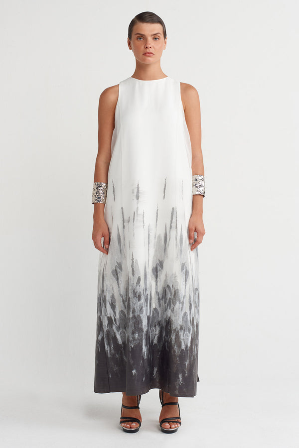 NU Printed Organza Long Dress Off White