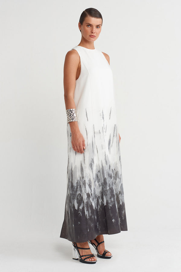 NU Printed Organza Long Dress Off White