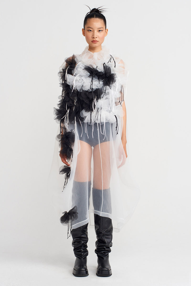 NU Floral Embroidered Organza Dress Off White/Black