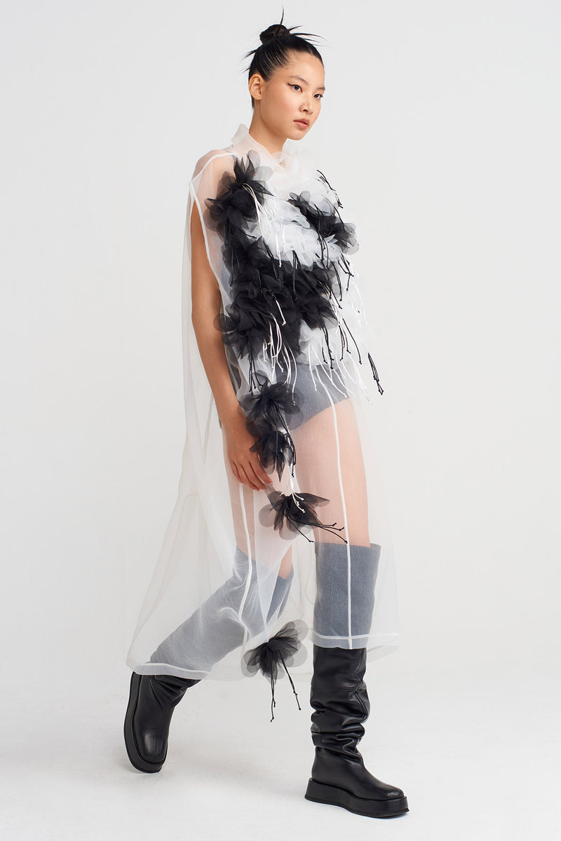 NU Floral Embroidered Organza Dress Off White/Black