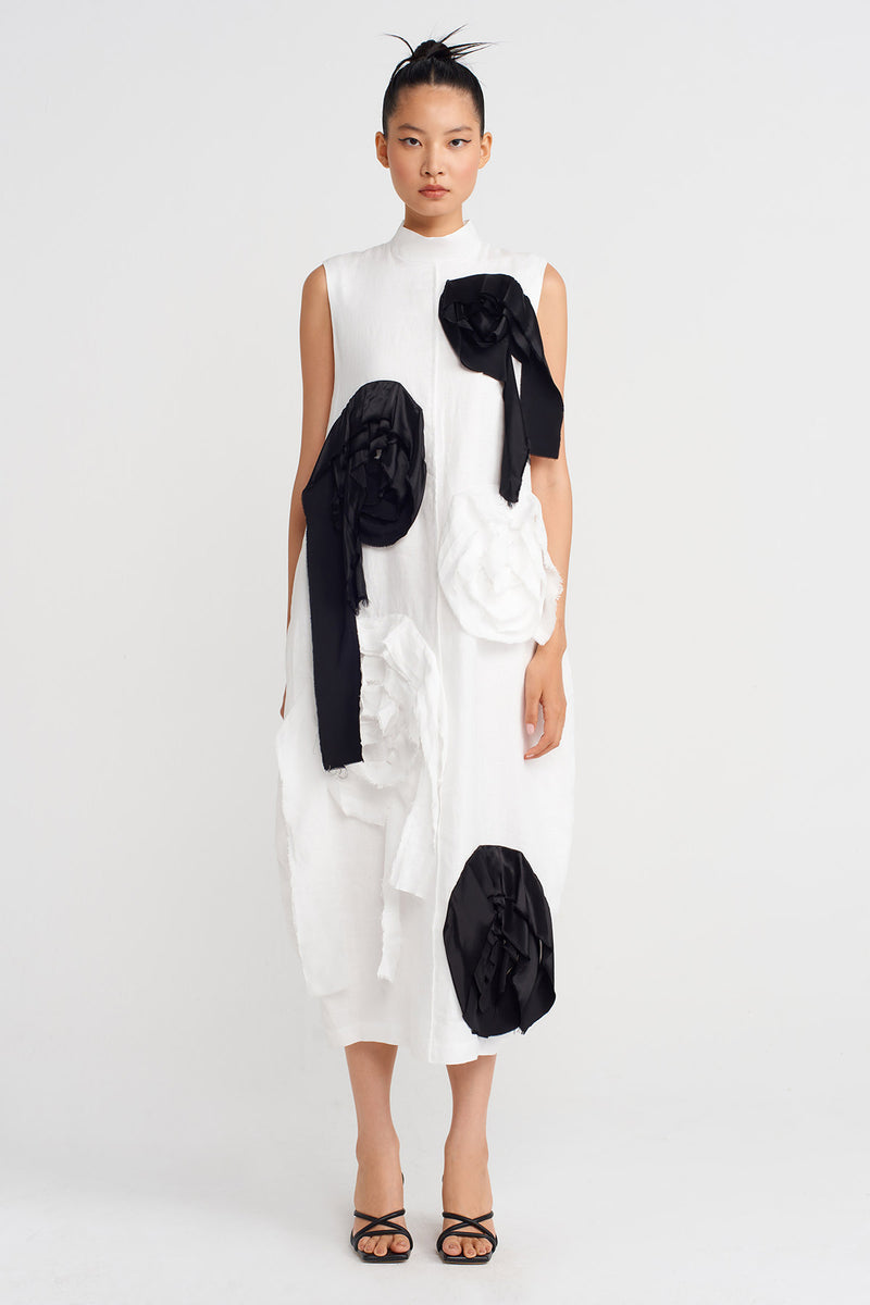 NU Floral Appliqué Linen Dress Off White/Black