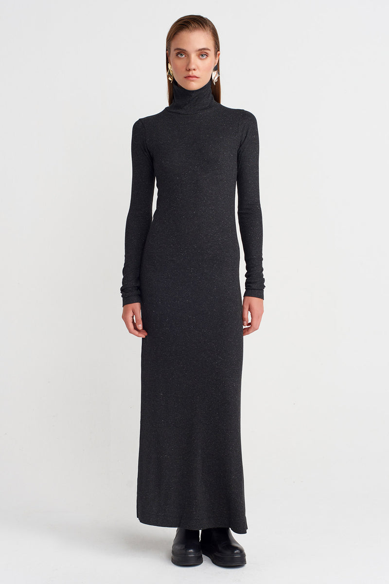 NU Silver Ribbed Long Dress  Antracite Melange