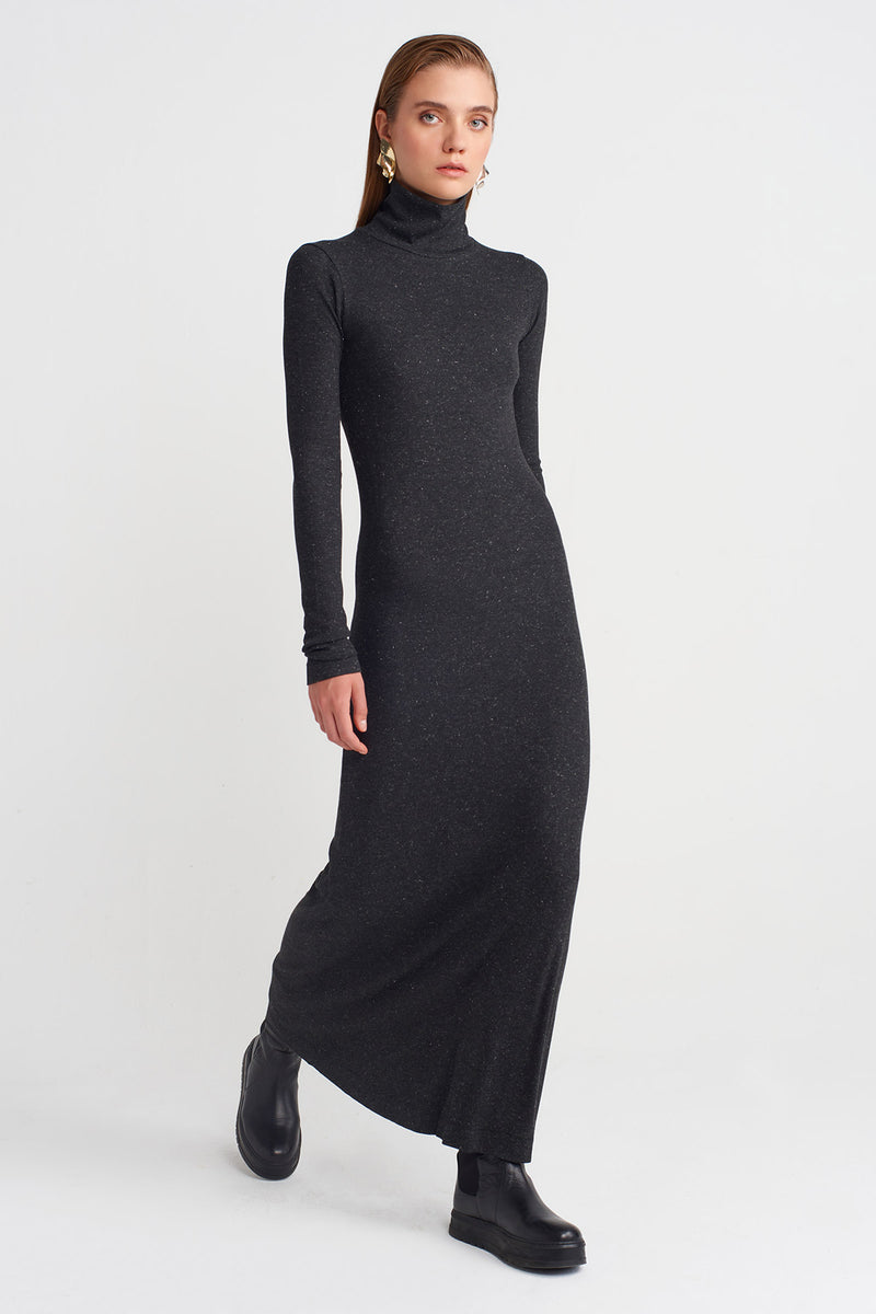 NU Silver Ribbed Long Dress  Antracite Melange