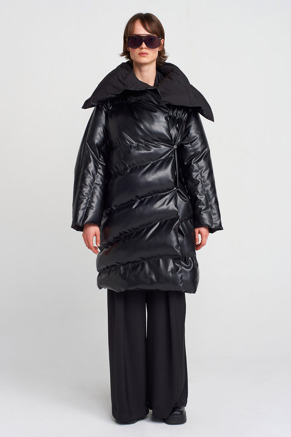 Nu Vegan Leather Puffer Coat Black
