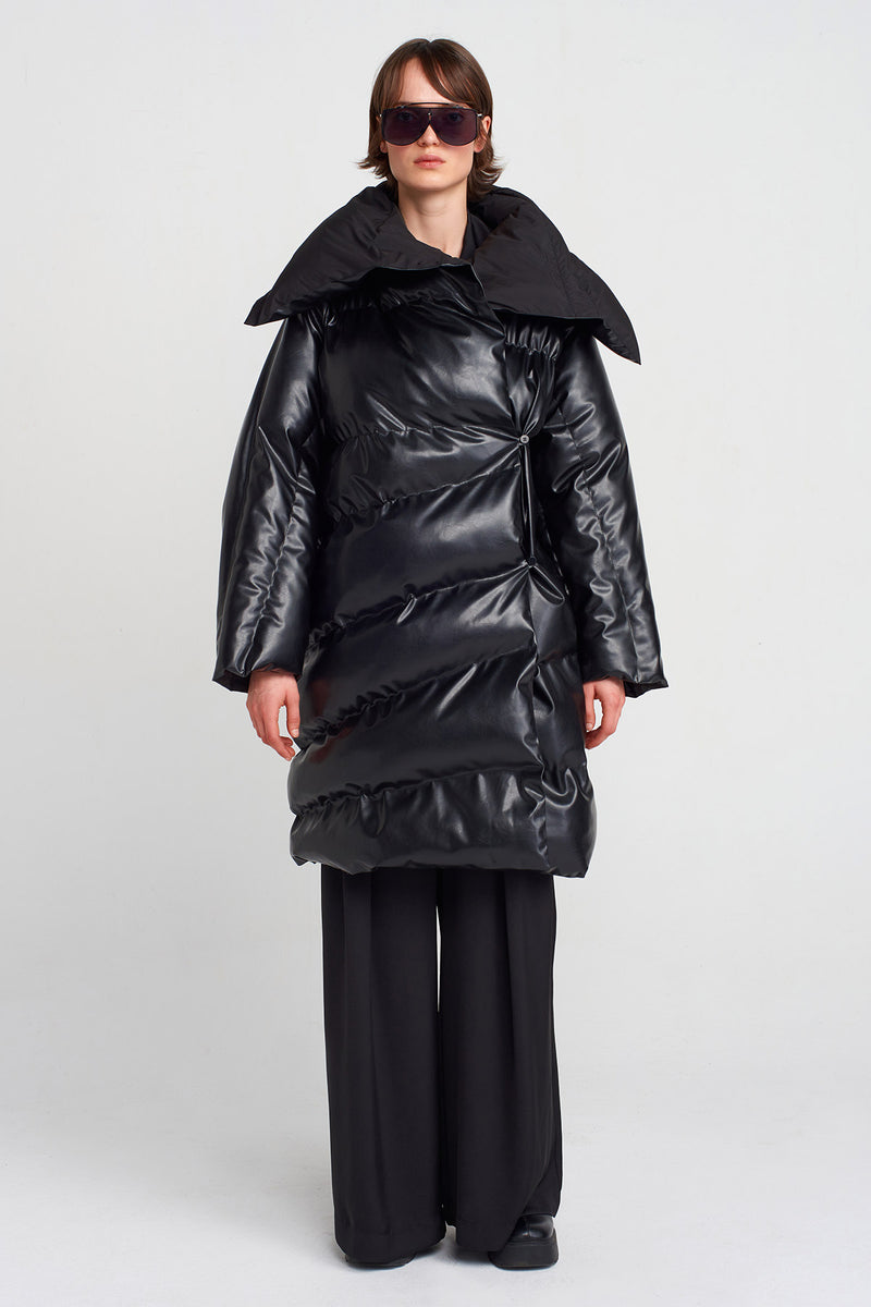 Nu Vegan Leather Puffer Coat Black