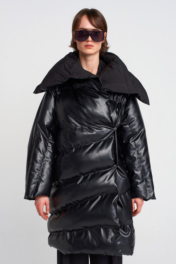 Nu Vegan Leather Puffer Coat Black