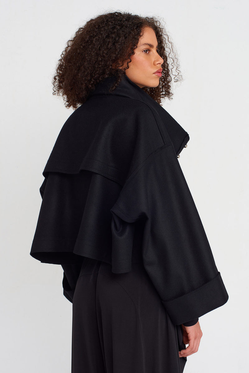 NU Oversized Dropped Collar Metal Snap Button Jacket Black