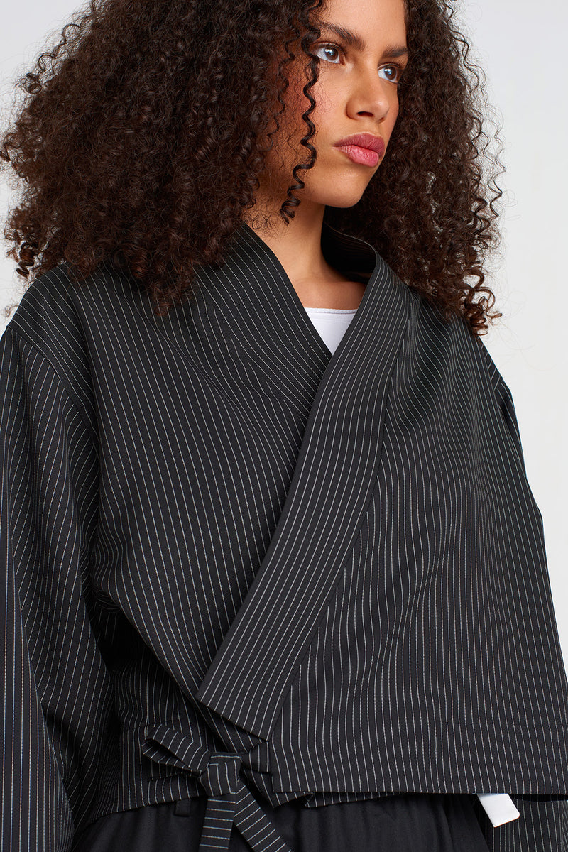 Nu Striped Double Breasted Closure Short Jacket Black