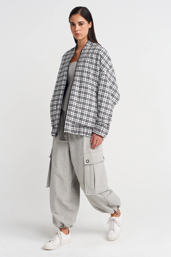 NU Plaid Long Bomber Jacket Black/White