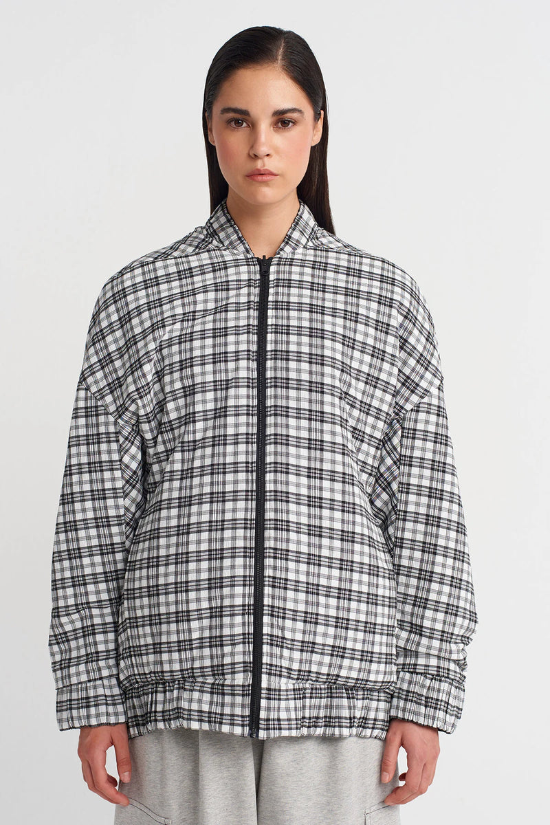 NU Plaid Long Bomber Jacket Black/White