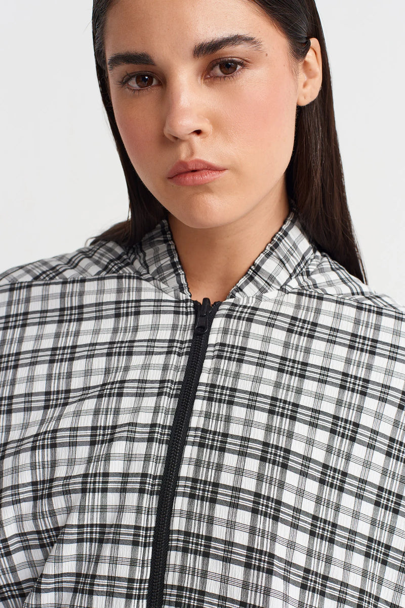NU Plaid Long Bomber Jacket Black/White