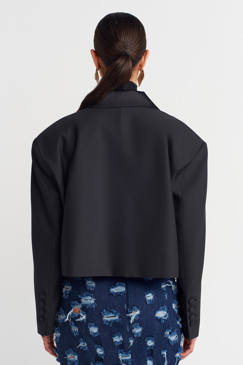 NU Cropped Blazer Jacket With Brooch Detail  Black