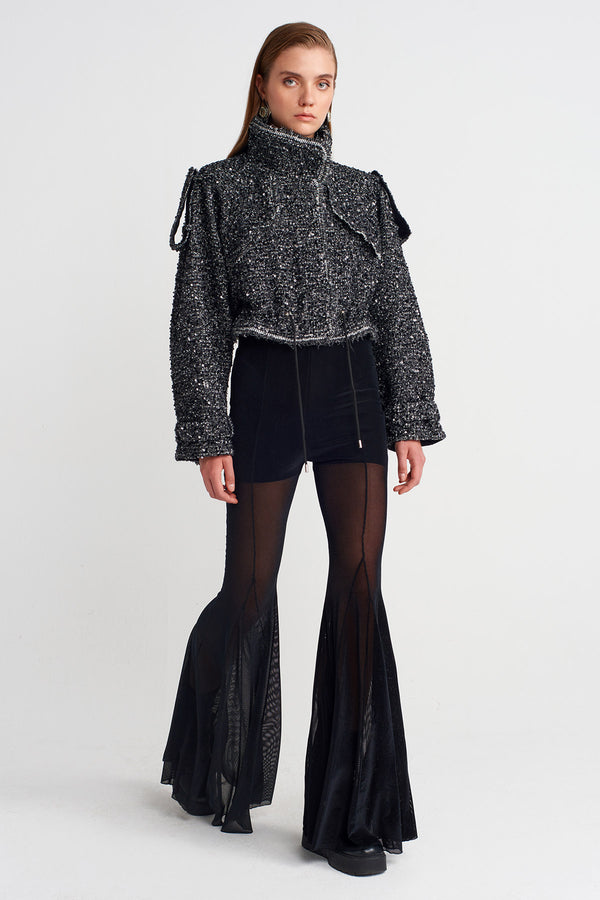 NU Sequined Cropped Jacket With Epaulettes Black/Offwhite