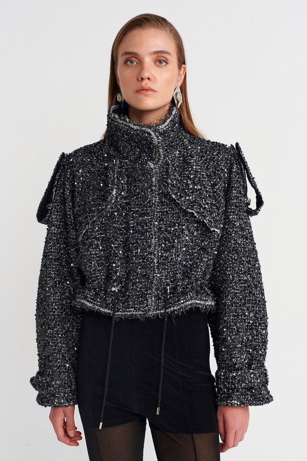 NU Sequined Cropped Jacket With Epaulettes Black/Offwhite
