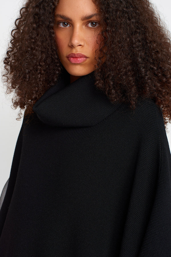 NU Asymmetric Long Knit Collar Poncho Black