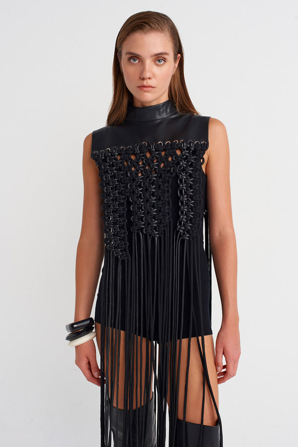 Nu Leather-Collar Macramé Fringe Shoulder Piece Black