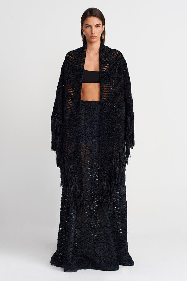 Nu Fringe Detailed Knitted Shawl Black