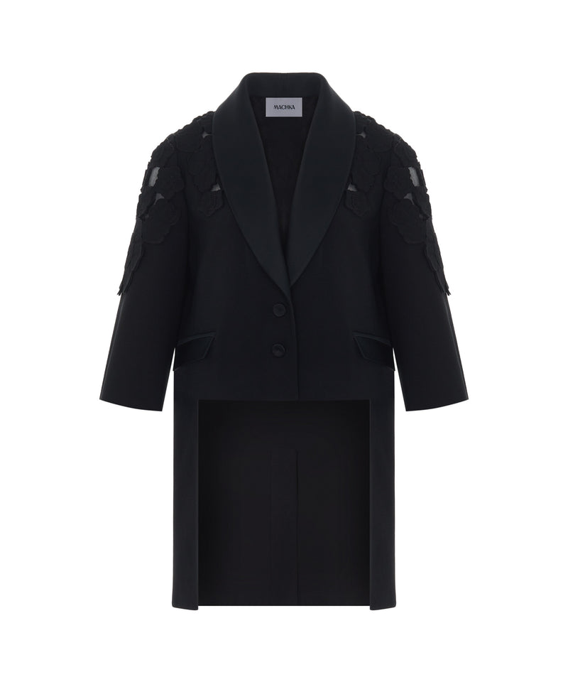 Machka Flower-Embroidered Long Back Jacket Black