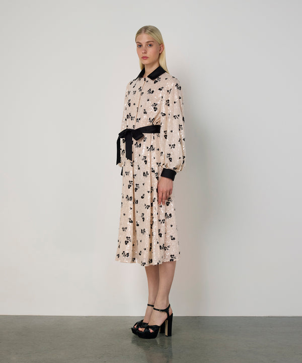 Machka Belted Sequin Dress Ecru