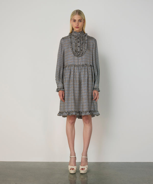 Machka Houndstooth Pattern Silk Dress Navy
