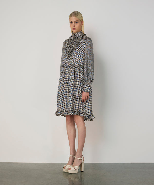 Machka Houndstooth Pattern Silk Dress Navy