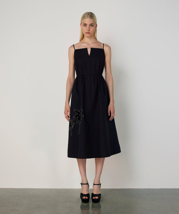Machka Palm Embroidered Midi Dress Black