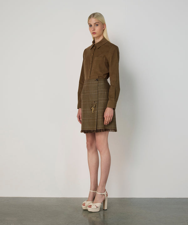 Machka Plaid Wool Skirt Dark Beige