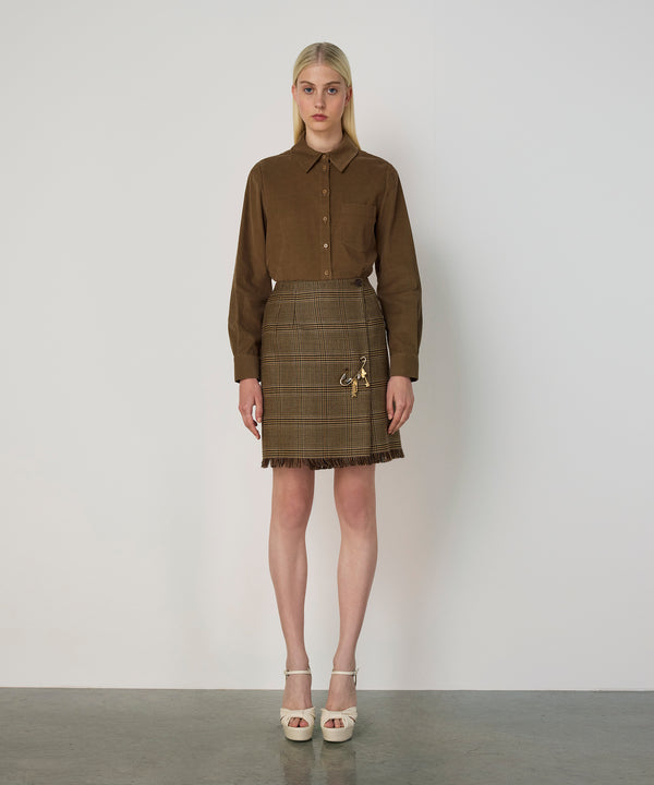 Machka Plaid Wool Skirt Dark Beige