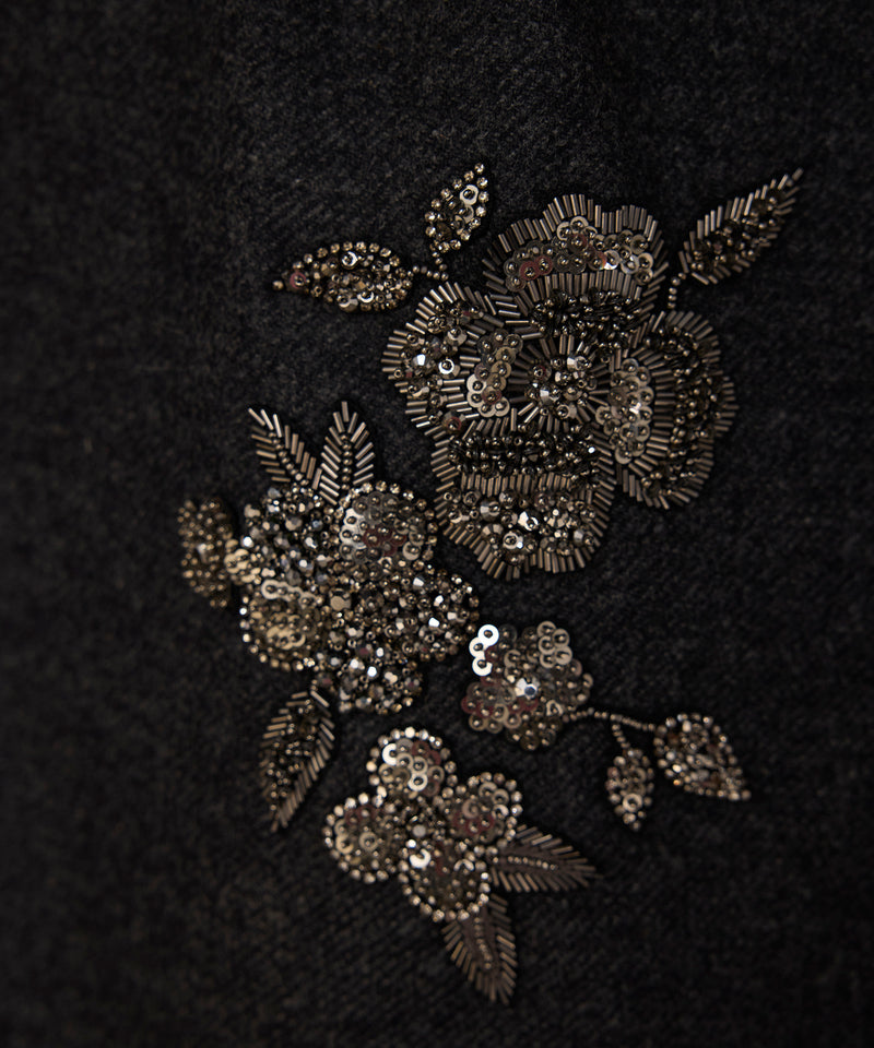 Machka Floral Module Embroidered Wool Skirt Anthracite