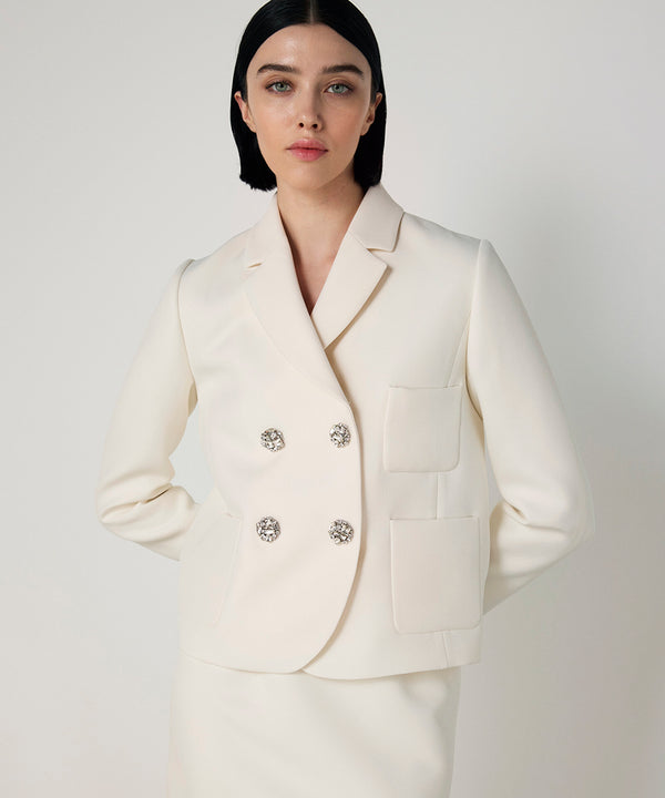 Machka Crystal-Button Double-Breasted Blazer Ecru