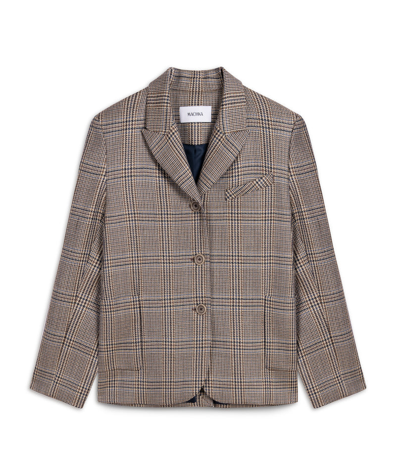 Machka Houndstooth Pattern Wool Blazer Navy