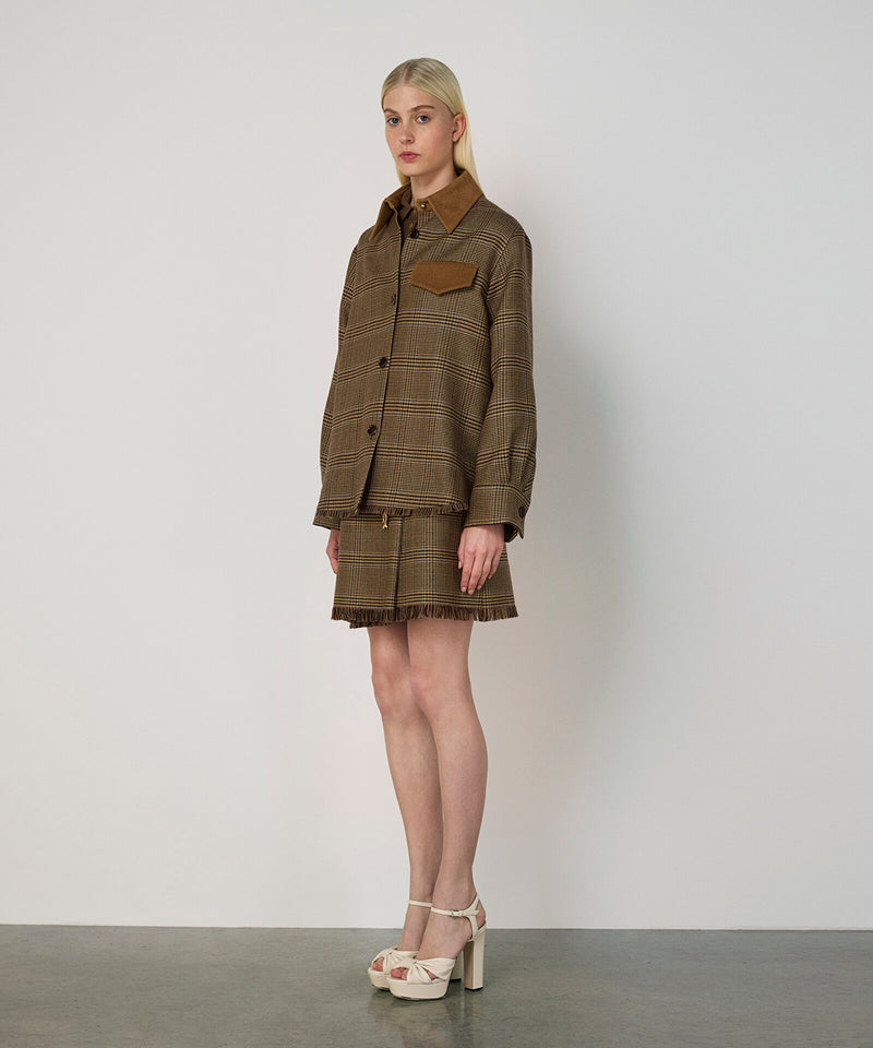 Machka Plaid Pattern Blazer With Contrast Collar Dark Beige