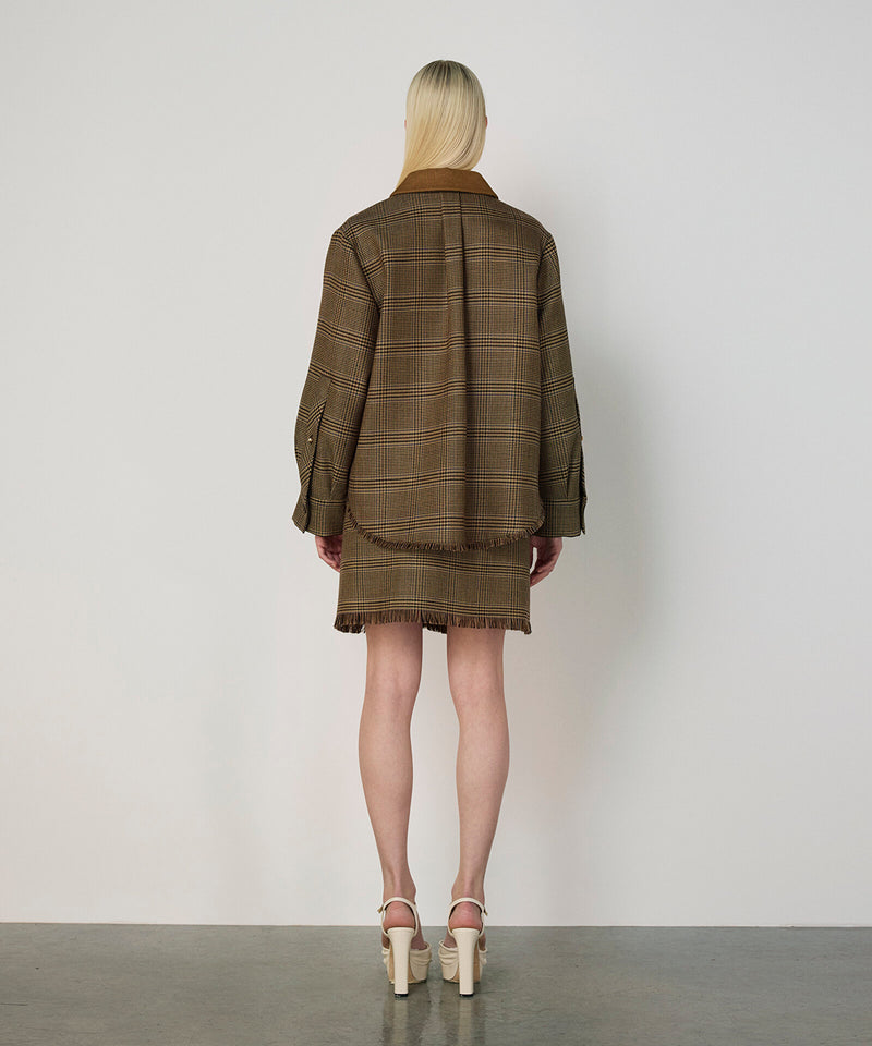 Machka Plaid Pattern Blazer With Contrast Collar Dark Beige