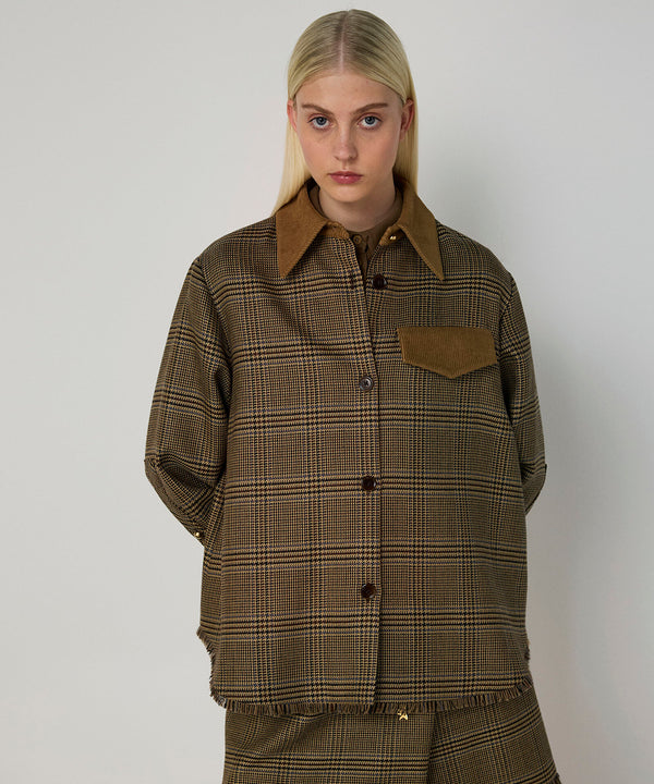 Machka Plaid Pattern Blazer With Contrast Collar Dark Beige