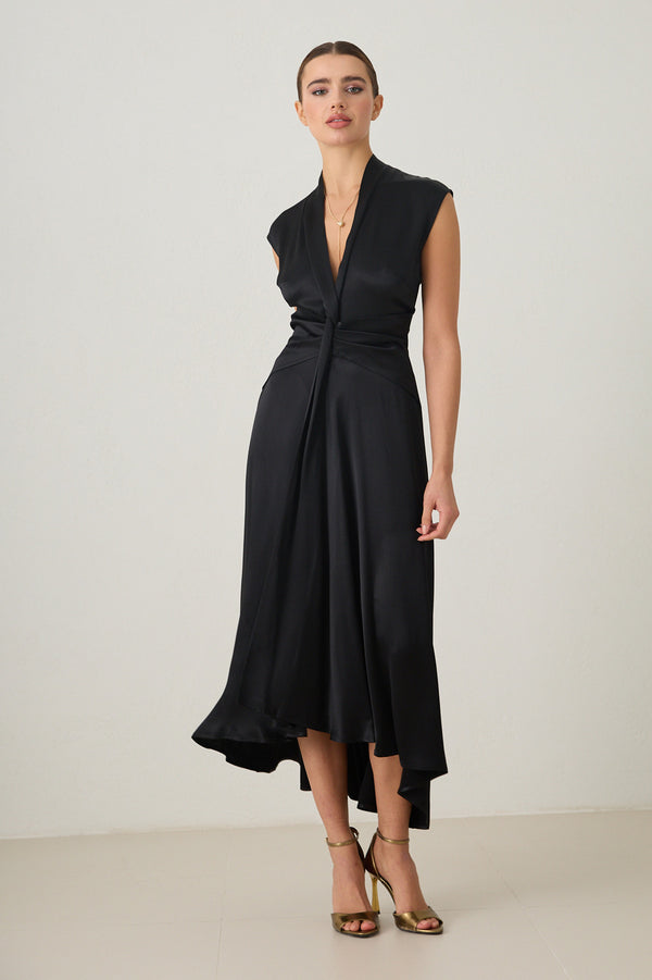 Setre Waist Detailed Midi Sleeveless Dress Black