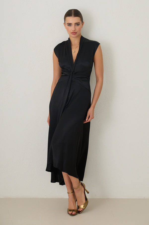 Setre Waist Detailed Midi Sleeveless Dress Black