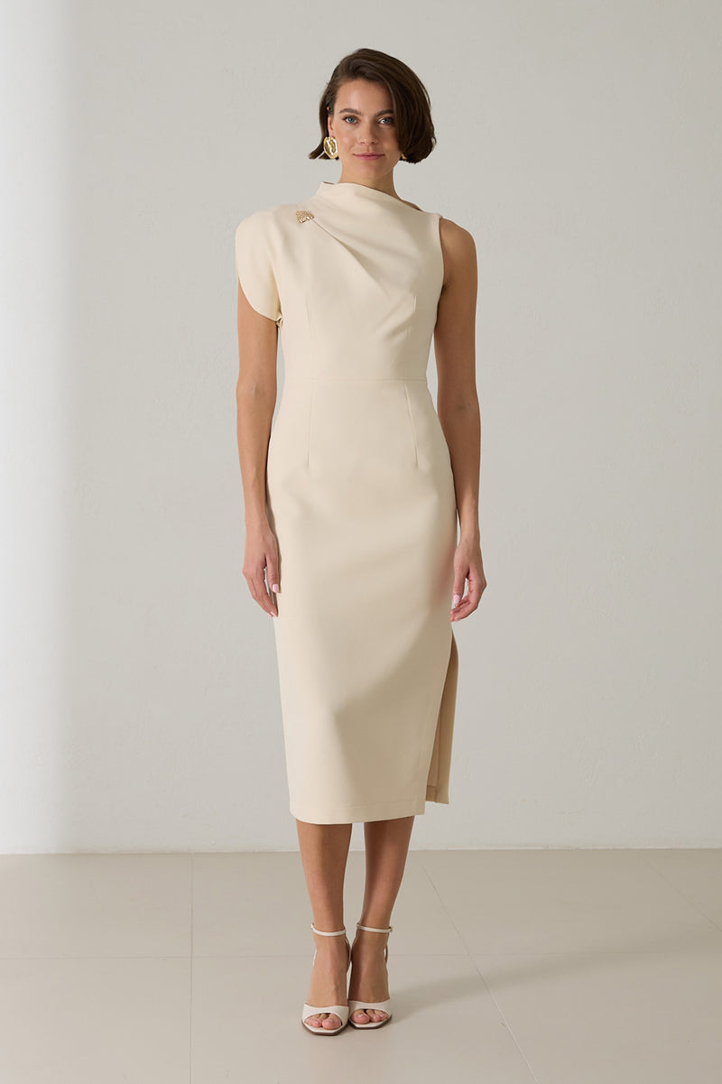 Setre One Shoulder Detailed Full Cut Midi Length Dress Cream