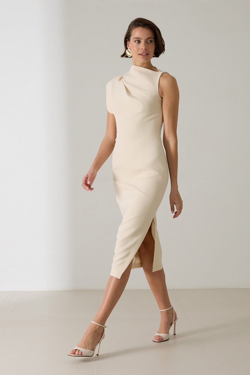 Setre One Shoulder Detailed Full Cut Midi Length Dress Cream