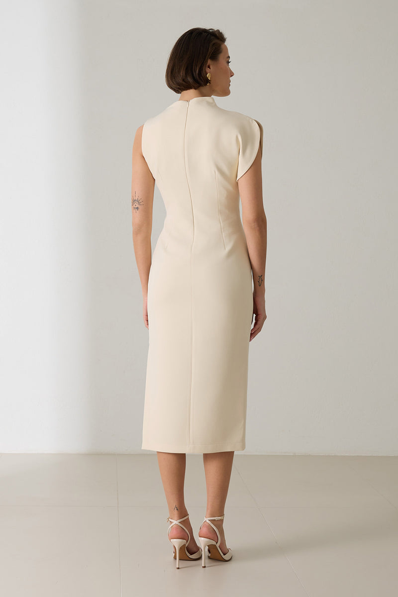 Setre One Shoulder Detailed Full Cut Midi Length Dress Cream