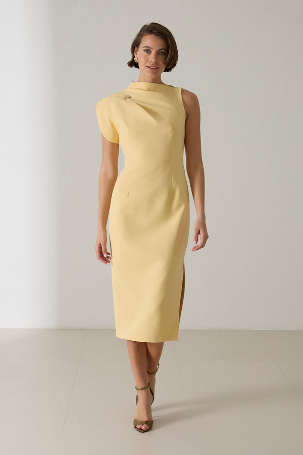 Setre One Shoulder Detailed Full Cut Midi Length Dress Light Yellow
