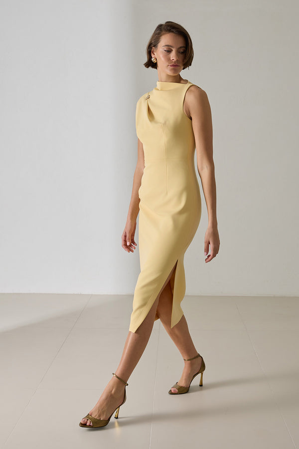 Setre One Shoulder Detailed Full Cut Midi Length Dress Light Yellow